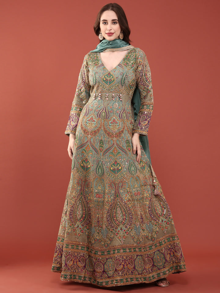 Sea Green Silk Zari Embroidered Anarkali Set