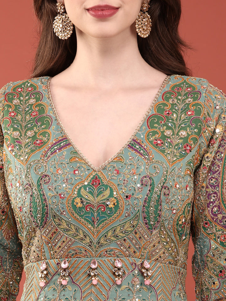 Sea Green Silk Zari Embroidered Anarkali Set