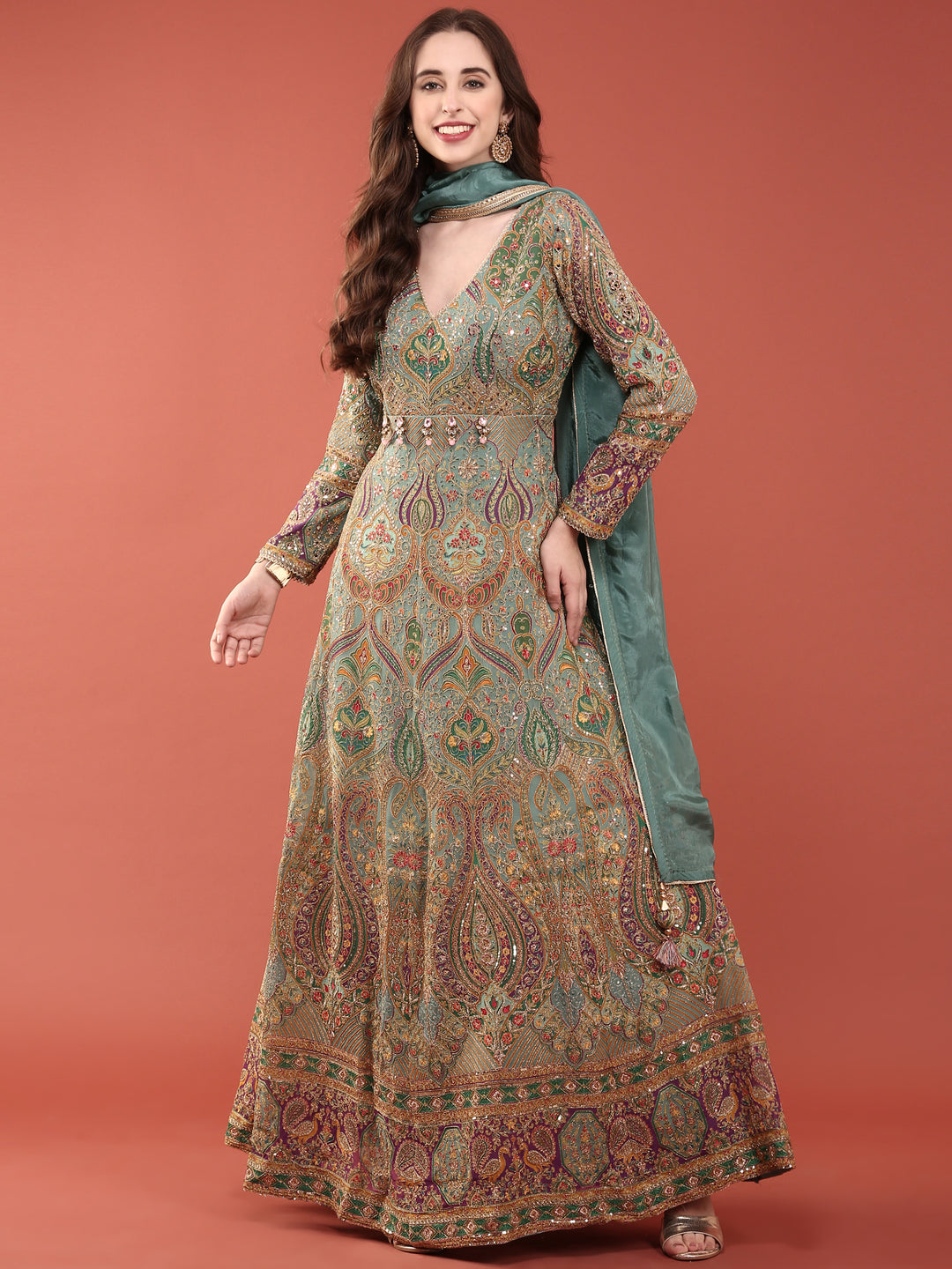 Neerus Green Ethnic Embroidered Silk Anarkali Suit Set - Anarkali + Dupatta for Wedding Women Neerus India Neerus Green Ethnic Embroidered Silk Anarkali Suit Set - Anarkali + Dupatta for Wedding Women Neerus India