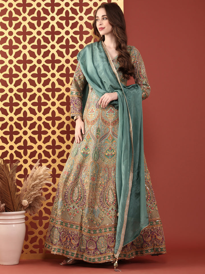 Sea Green Silk Zari Embroidered Anarkali Set