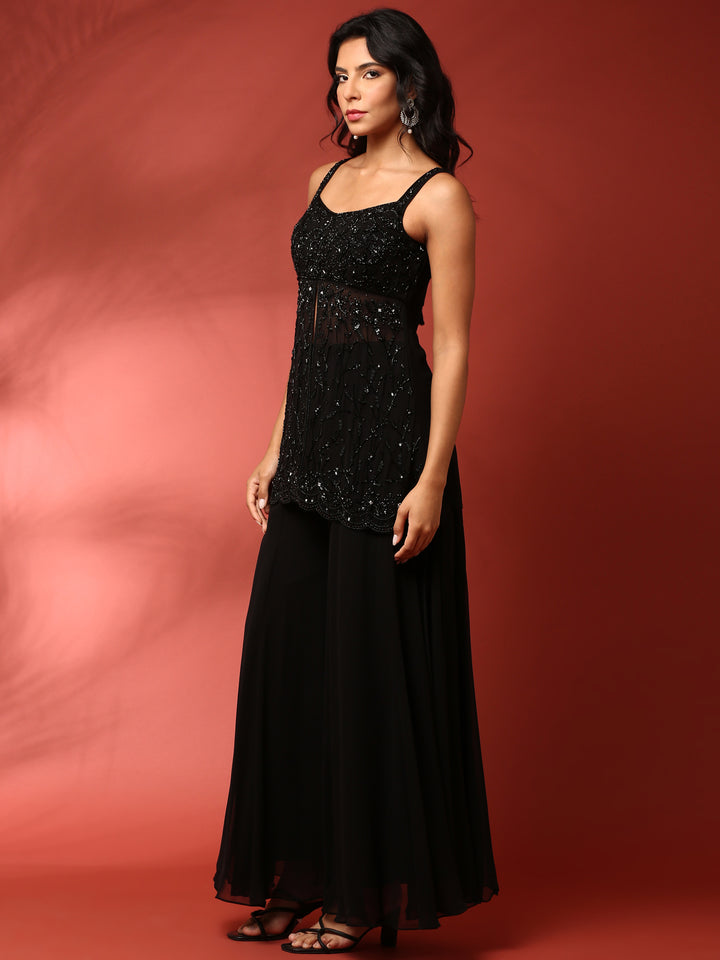 Black heavy hand embroidered peplum top with palazoo set