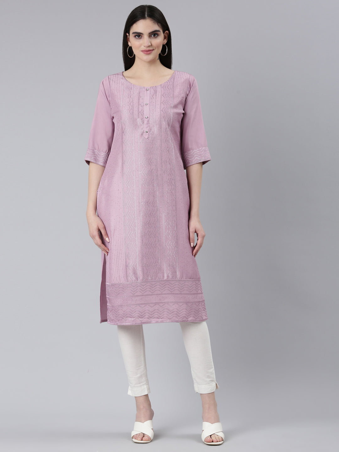 Neerus Lavender Regular Straight Woven Design Kurtas