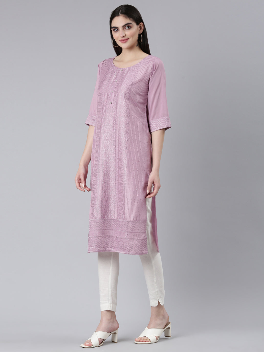 Neerus Lavender Regular Straight Woven Design Kurtas