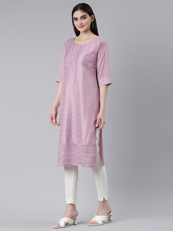Neerus Lavender Regular Straight Woven Design Kurtas