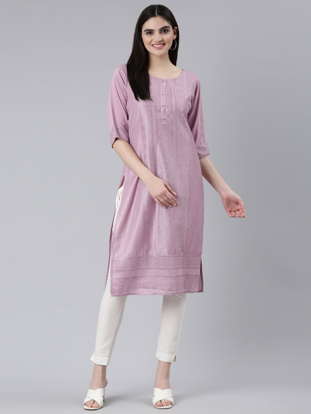 Neerus Lavender Regular Straight Woven Design Kurtas