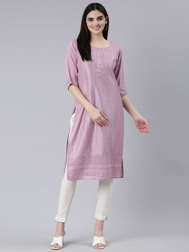 Neerus Lavender Regular Straight Woven Design Kurtas