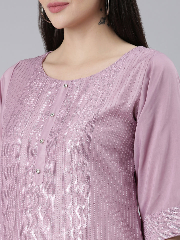 Neerus Lavender Regular Straight Woven Design Kurtas