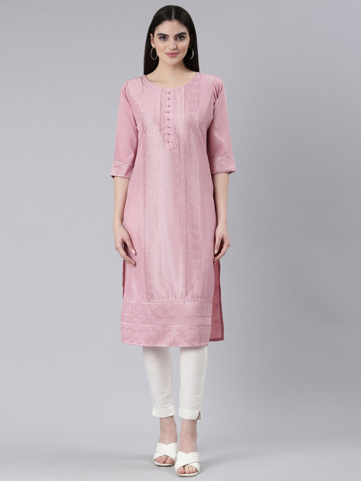 Neerus Pink woven straight kurti - front view