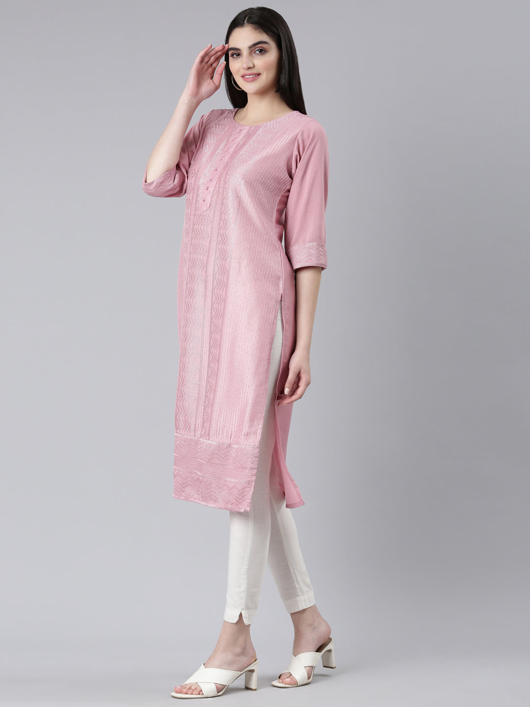 Neerus Pink woven straight kurti - back view