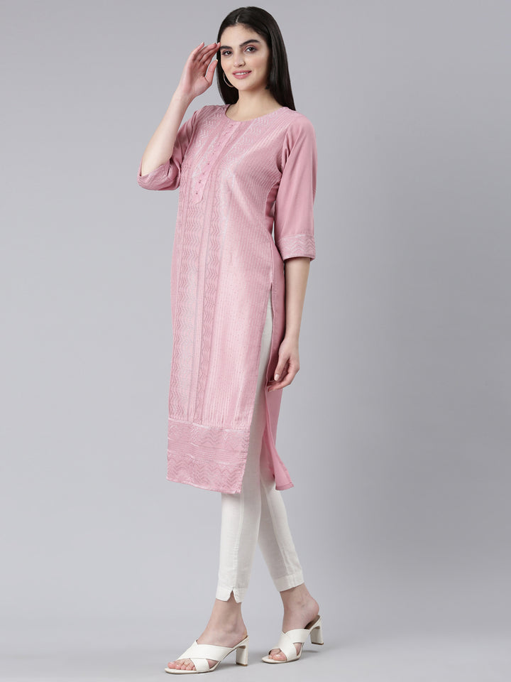 Neerus Pink woven straight kurti - back view