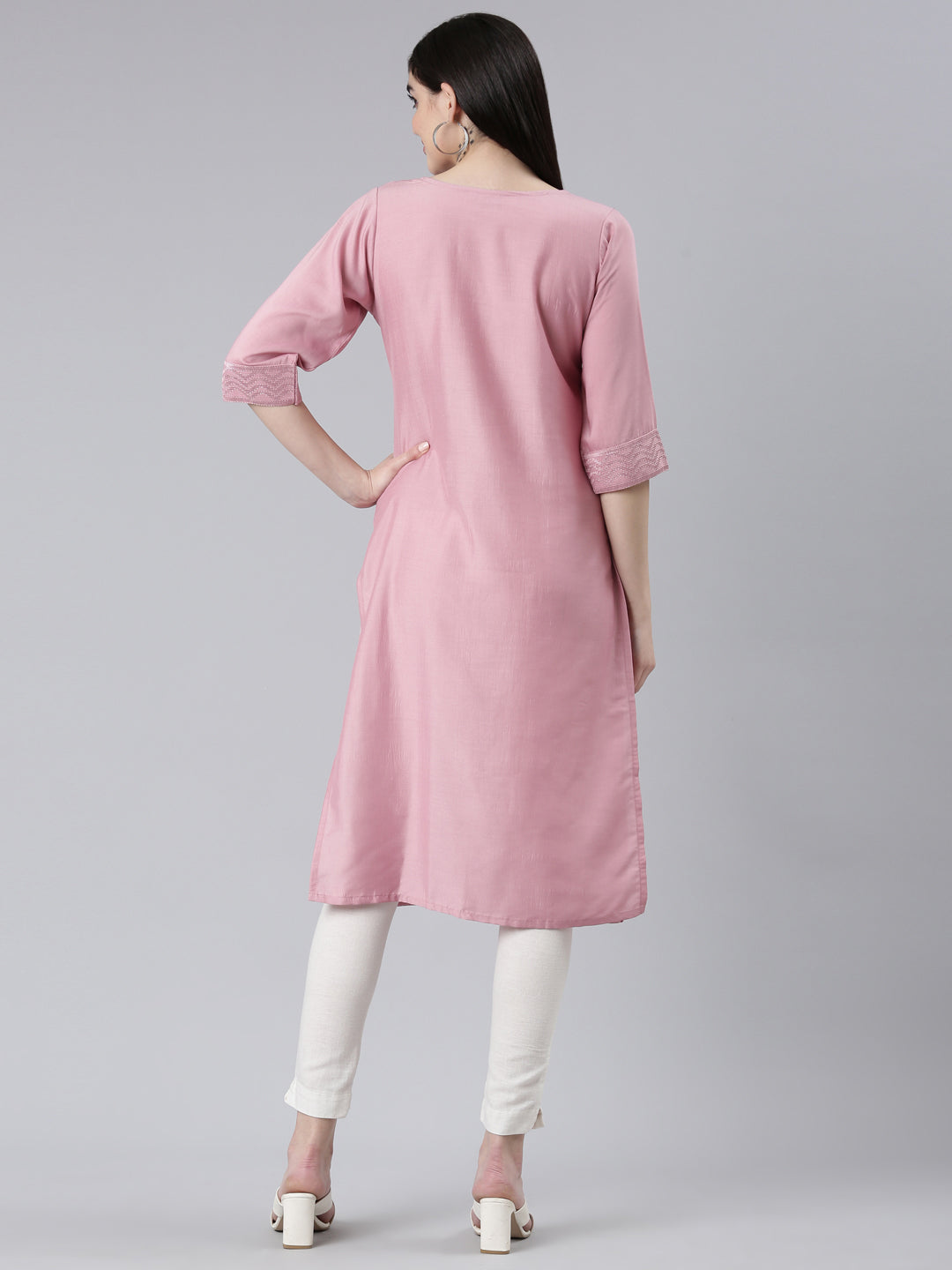 Neerus Pink woven straight kurti - side view