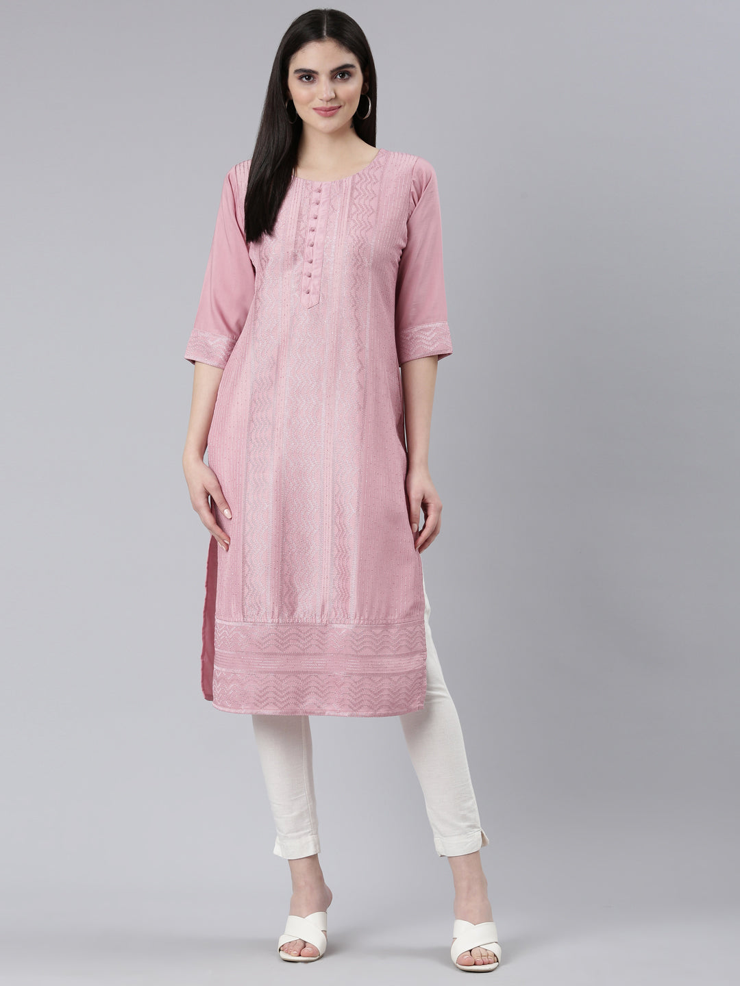Neerus Pink woven straight kurti - detail view 2