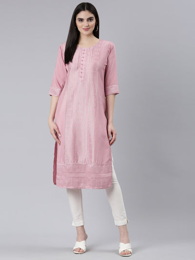 Neerus Pink Regular Straight Woven Design Kurtas