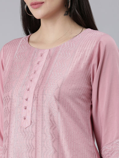 Neerus Pink Regular Straight Woven Design Kurtas