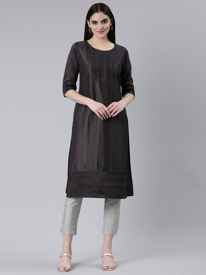 Neerus Grey Regular Straight Woven Design Kurta
