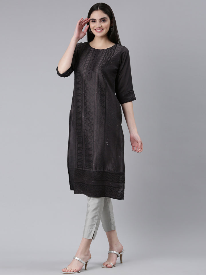 Neerus Grey Regular Straight Woven Design Kurta