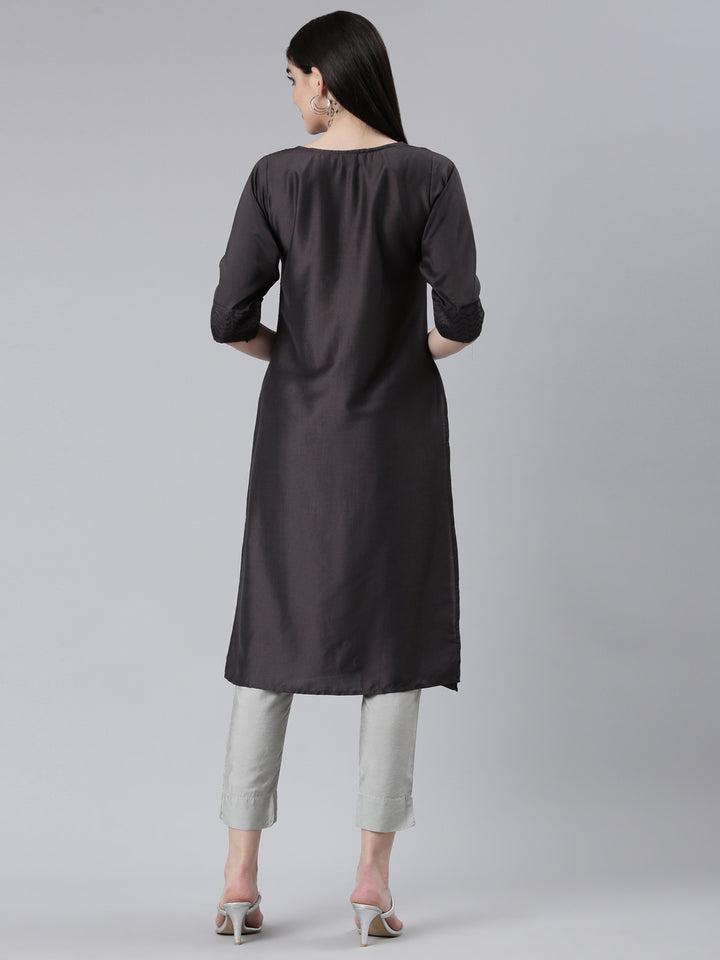 Neerus Grey Regular Straight Woven Design Kurta