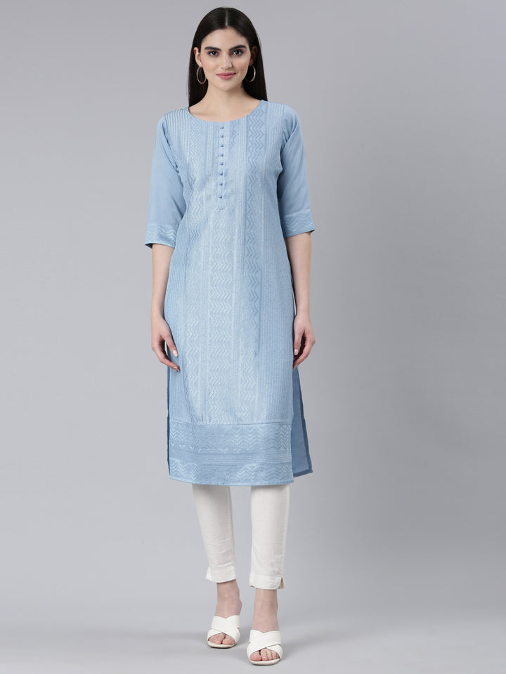 Neerus Blue silk woven straight kurti - front view