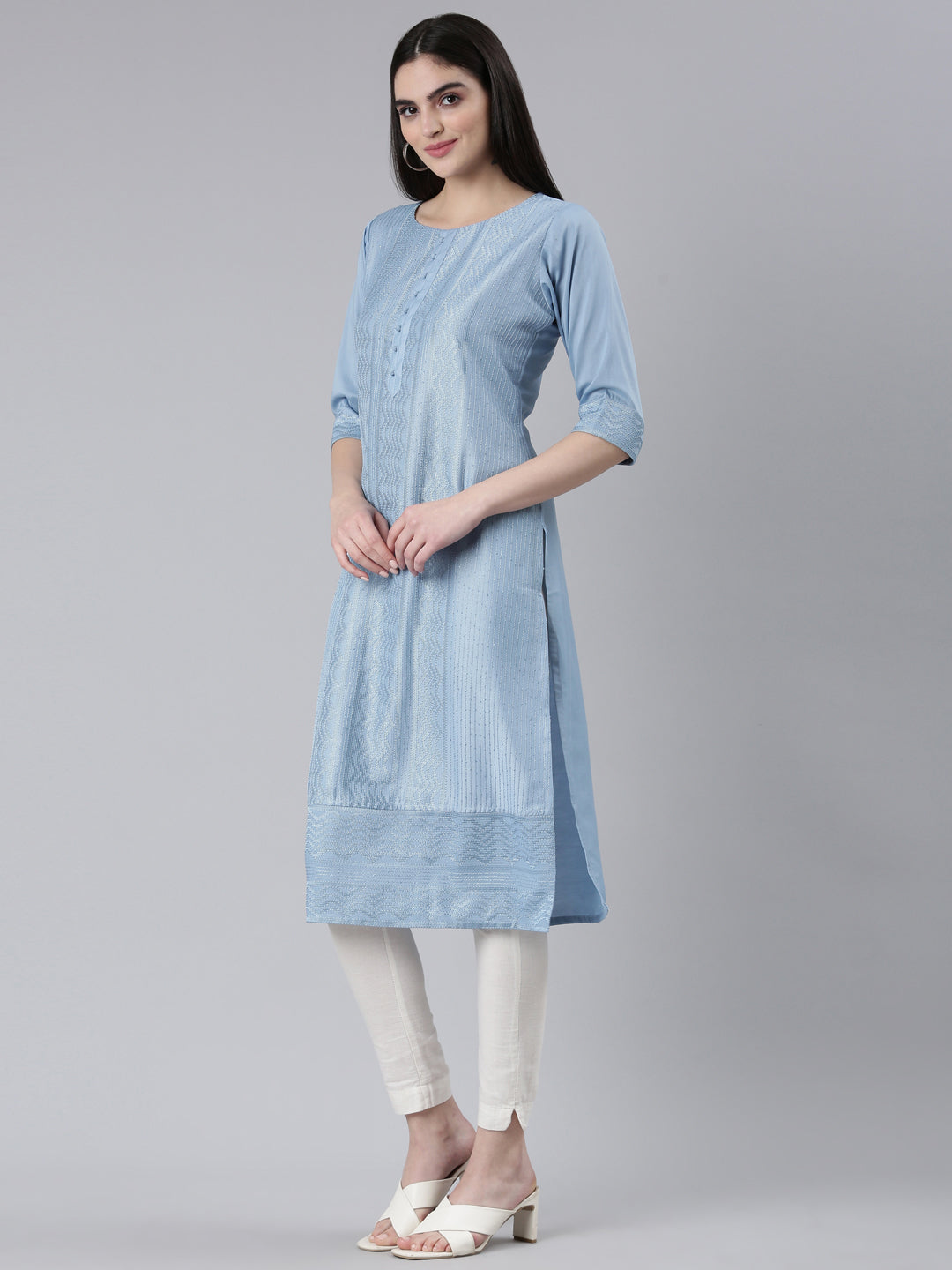 Neerus Blue silk woven straight kurti - back view