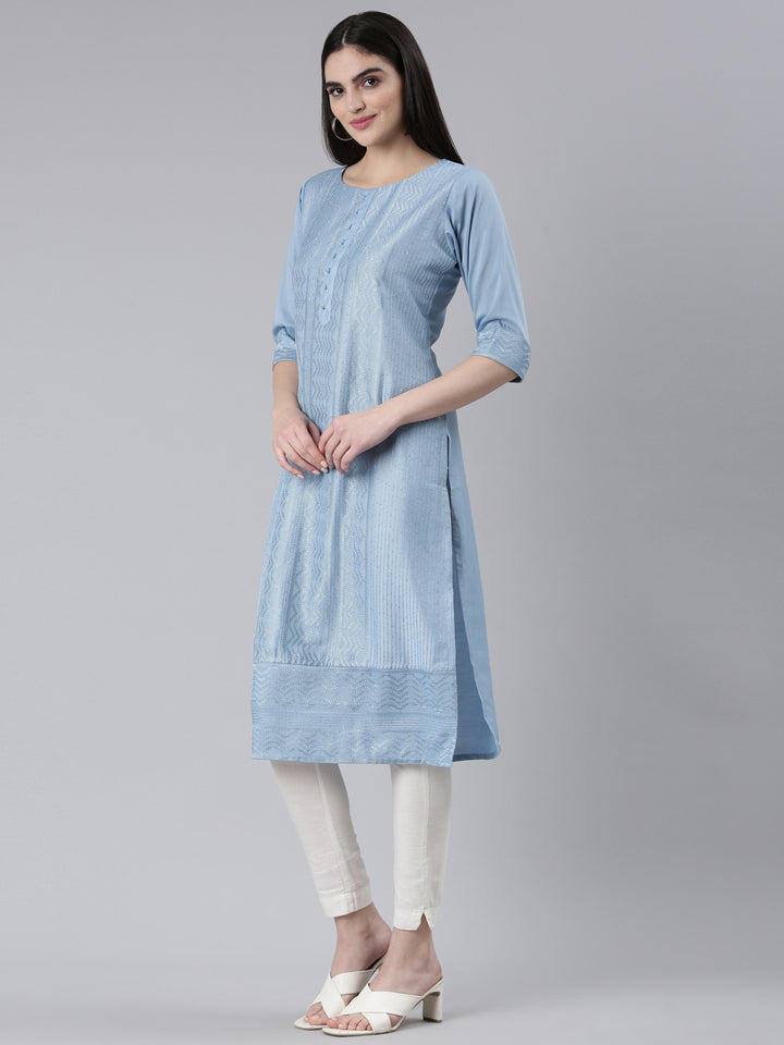 Neerus Blue silk woven straight kurti - back view