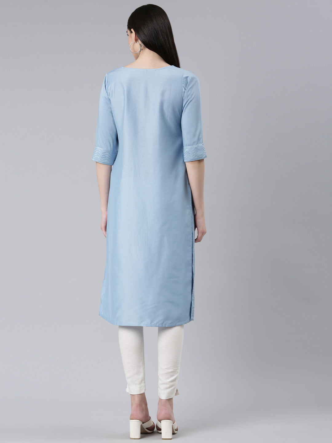Neerus Blue silk woven straight kurti - side view