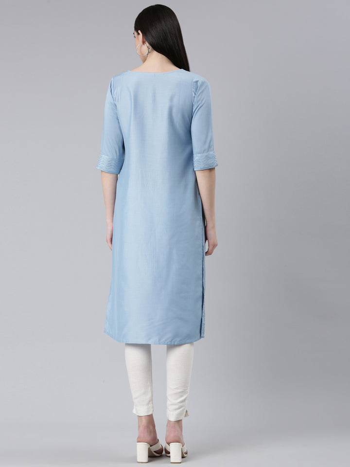 Neerus Blue silk woven straight kurti - side view