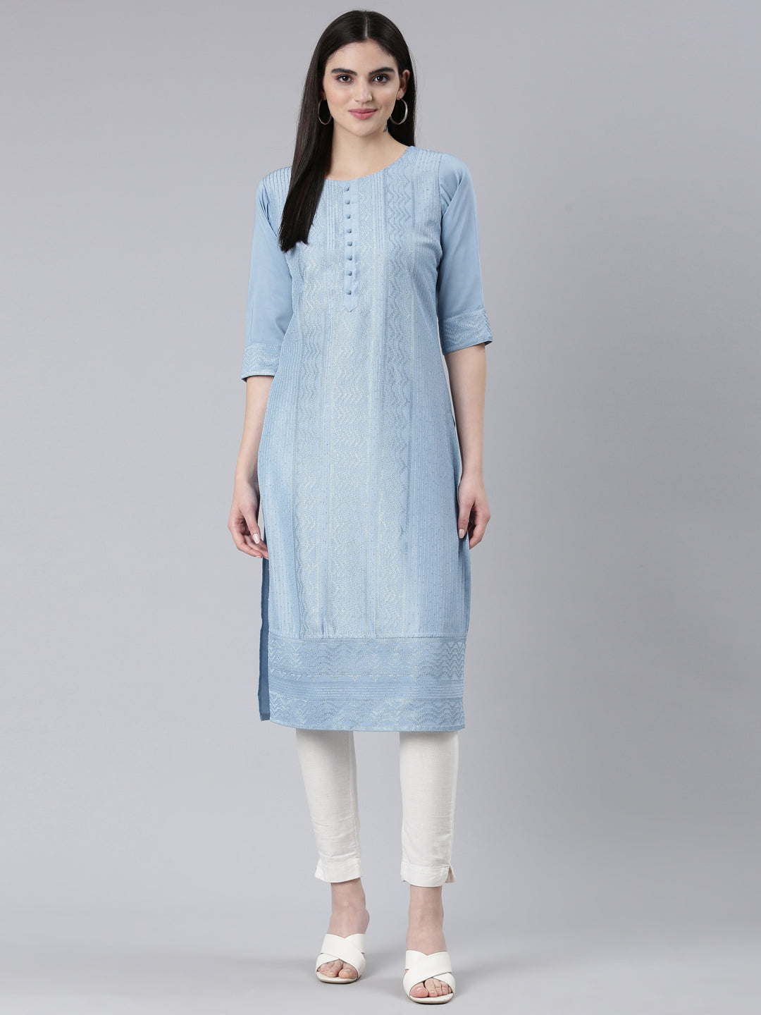 Neerus Blue silk woven straight kurti - detail view 2