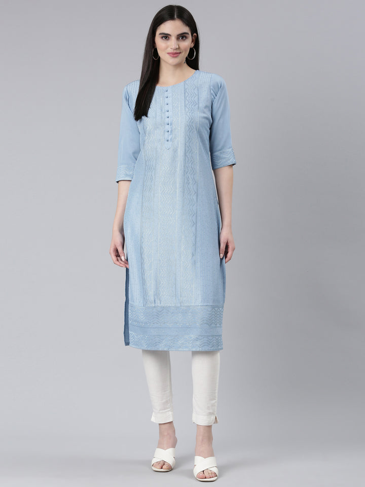 Neerus Blue silk woven straight kurti - detail view 2