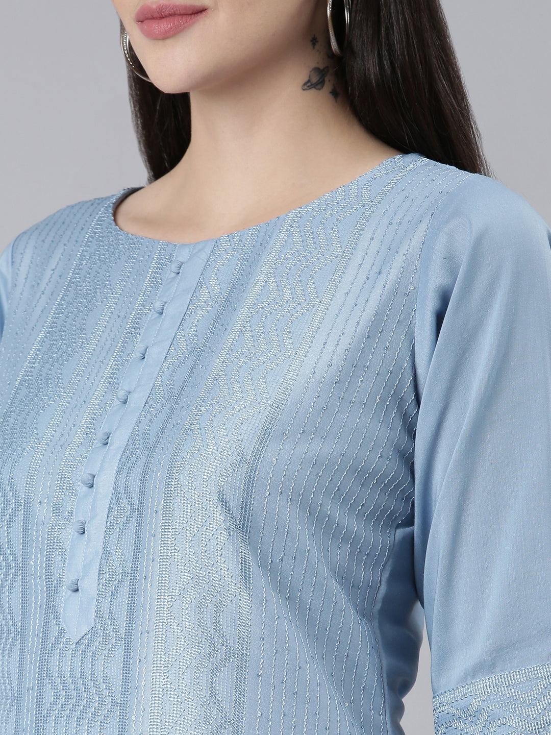 Neerus Blue silk woven straight kurti - detail view 1