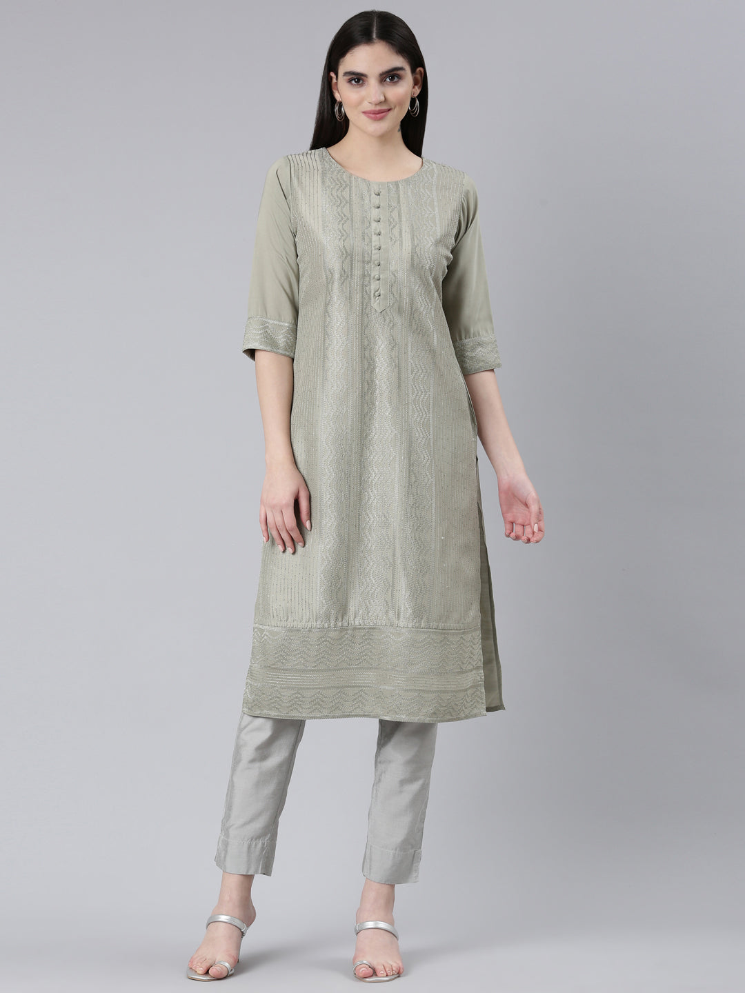 Neerus Gold Regular Straight Woven Design Kurtas
