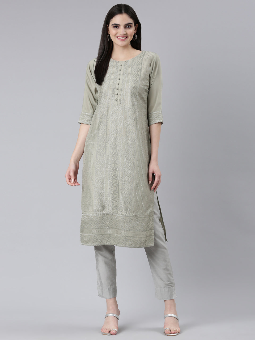 Neerus Gold Regular Straight Woven Design Kurtas