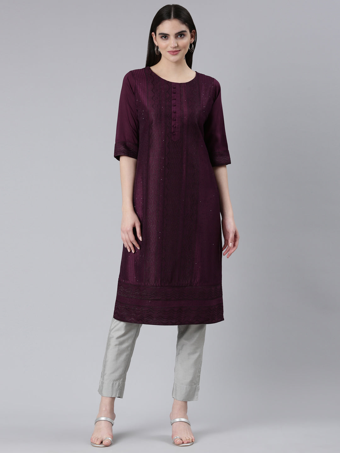 Neerus Purple jacquard woven straight kurti - front view