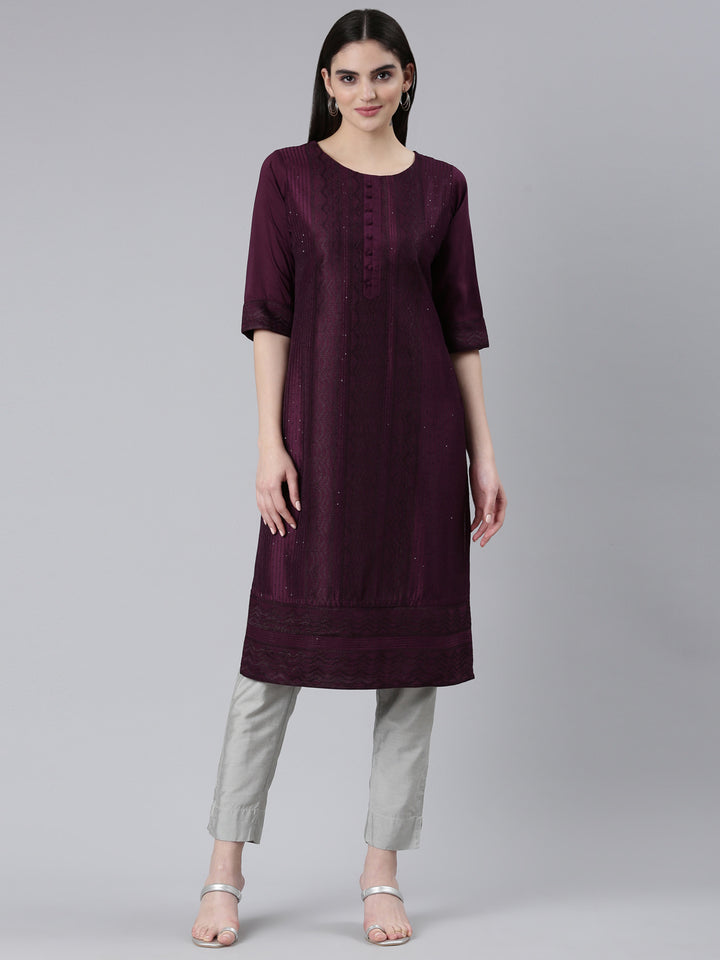 Neerus Purple jacquard woven straight kurti - front view