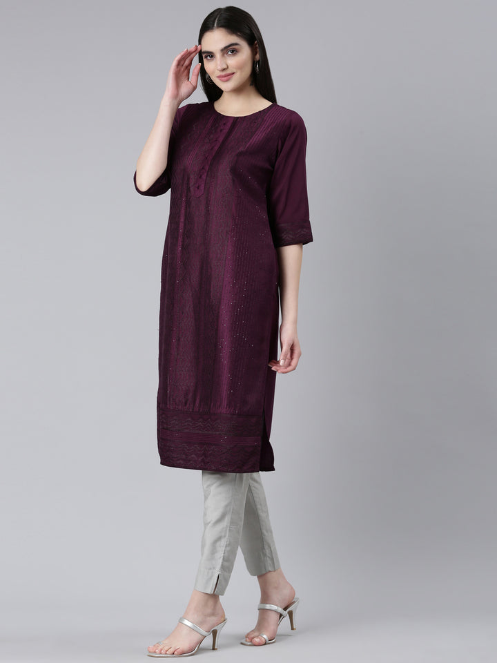 Neerus Purple jacquard woven straight kurti - back view