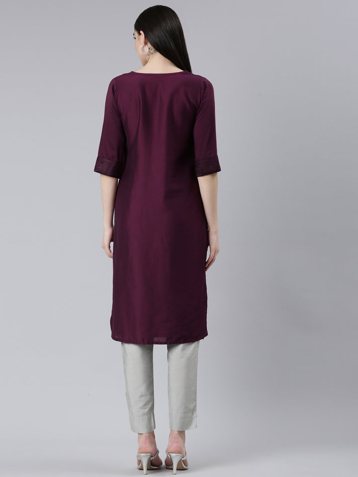 Neerus Purple jacquard woven straight kurti - side view