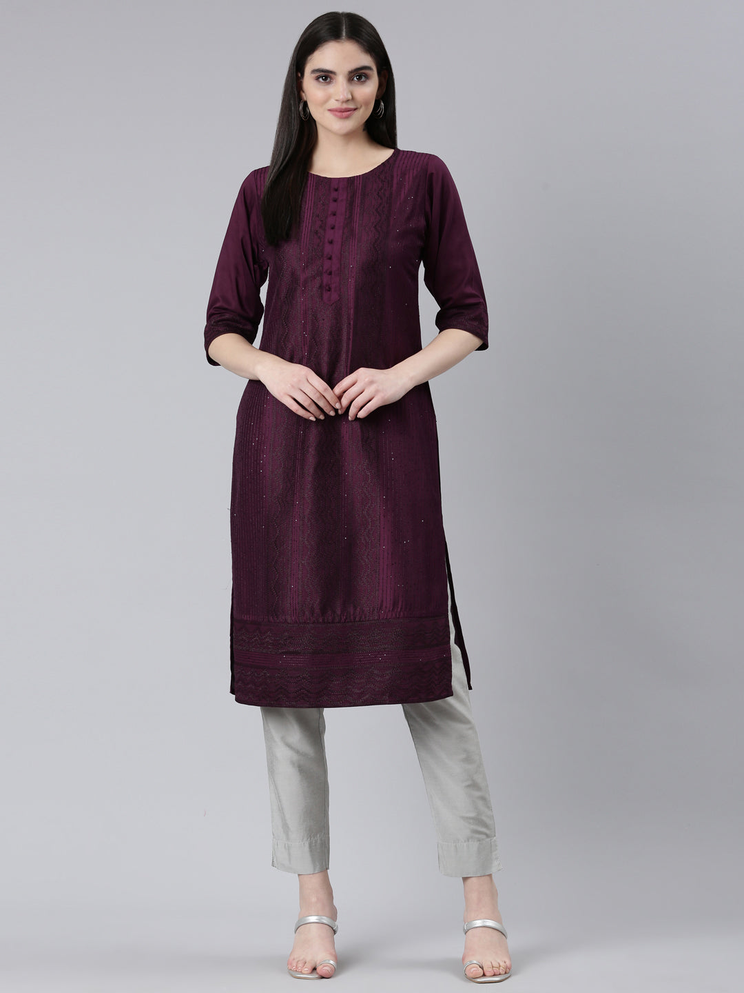 Neerus Purple jacquard woven straight kurti - detail view 2
