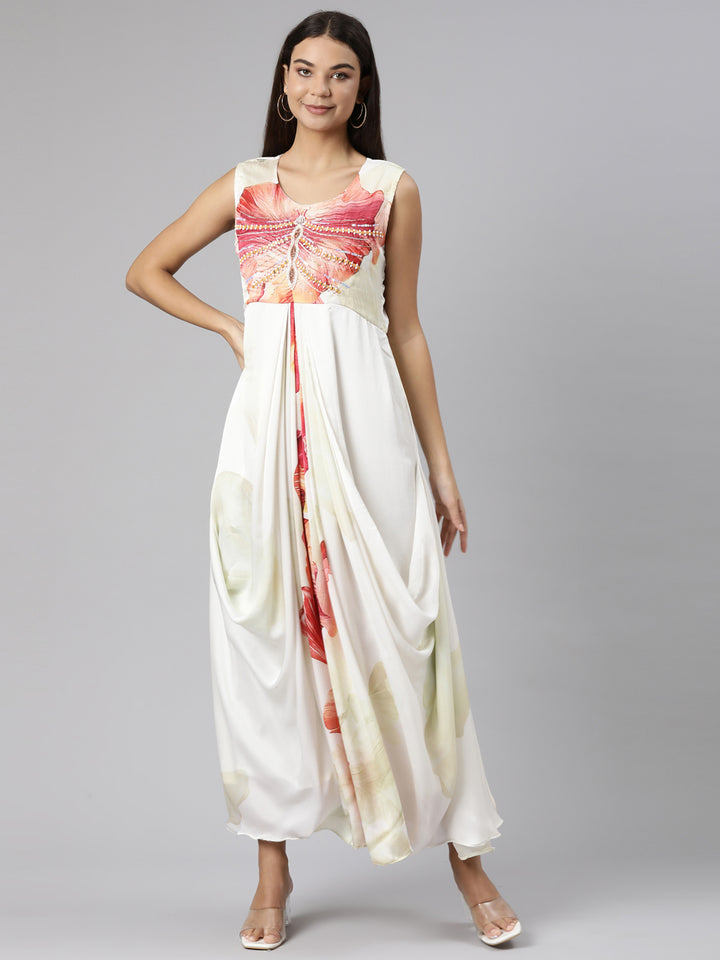 Neerus Off White Straight Casual Floral Dresses