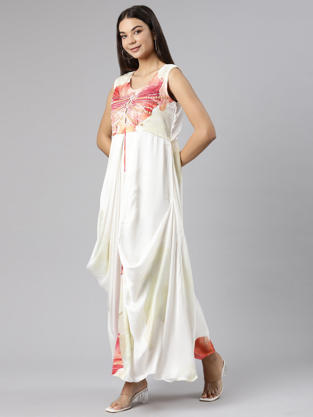 Neerus Off White Straight Casual Floral Dresses