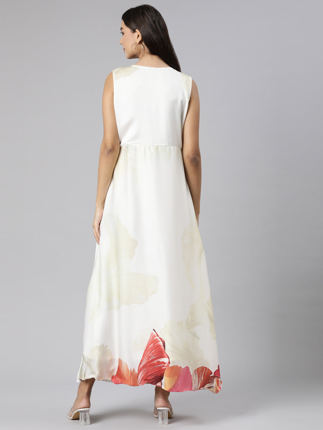 Neerus Off White Straight Casual Floral Dresses