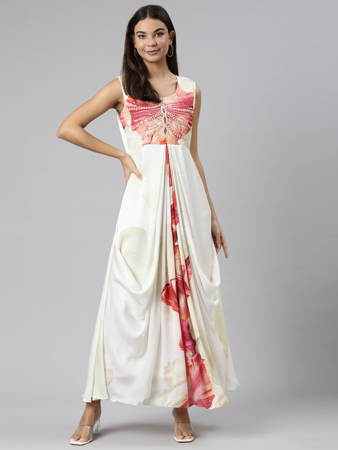 Neerus Off White Straight Casual Floral Dresses