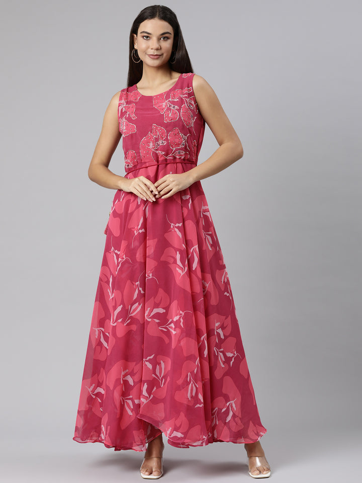 Neerus Magenta Flared Casual Floral Dresses