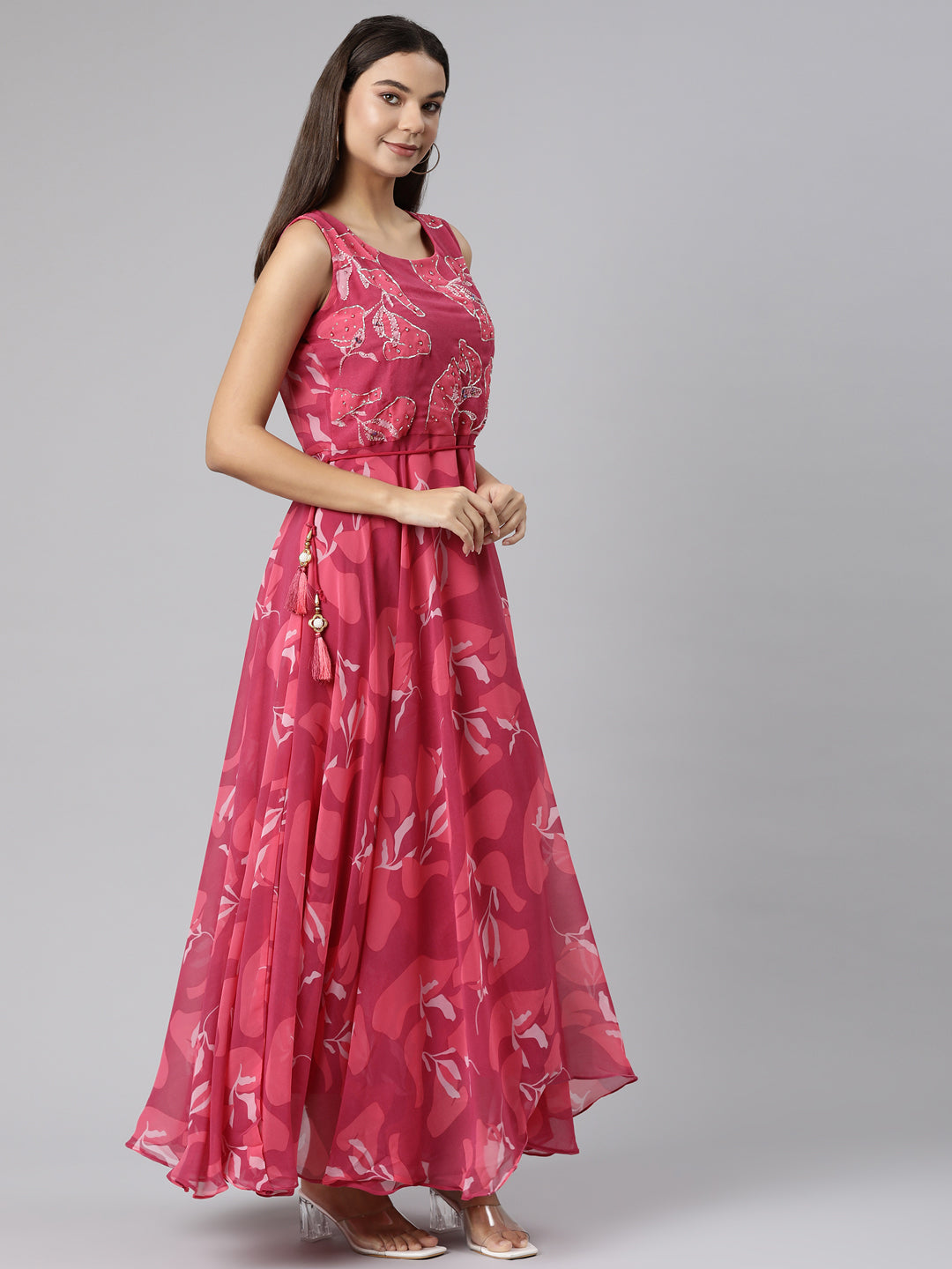 Neeru's Magenta Flared Casual Floral Dresses