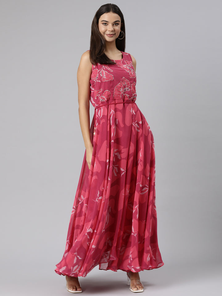 Neerus Magenta Flared Casual Floral Dresses