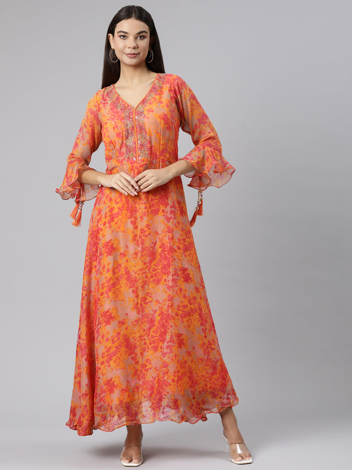 Neerus Orange Straight Casual Floral Dresses