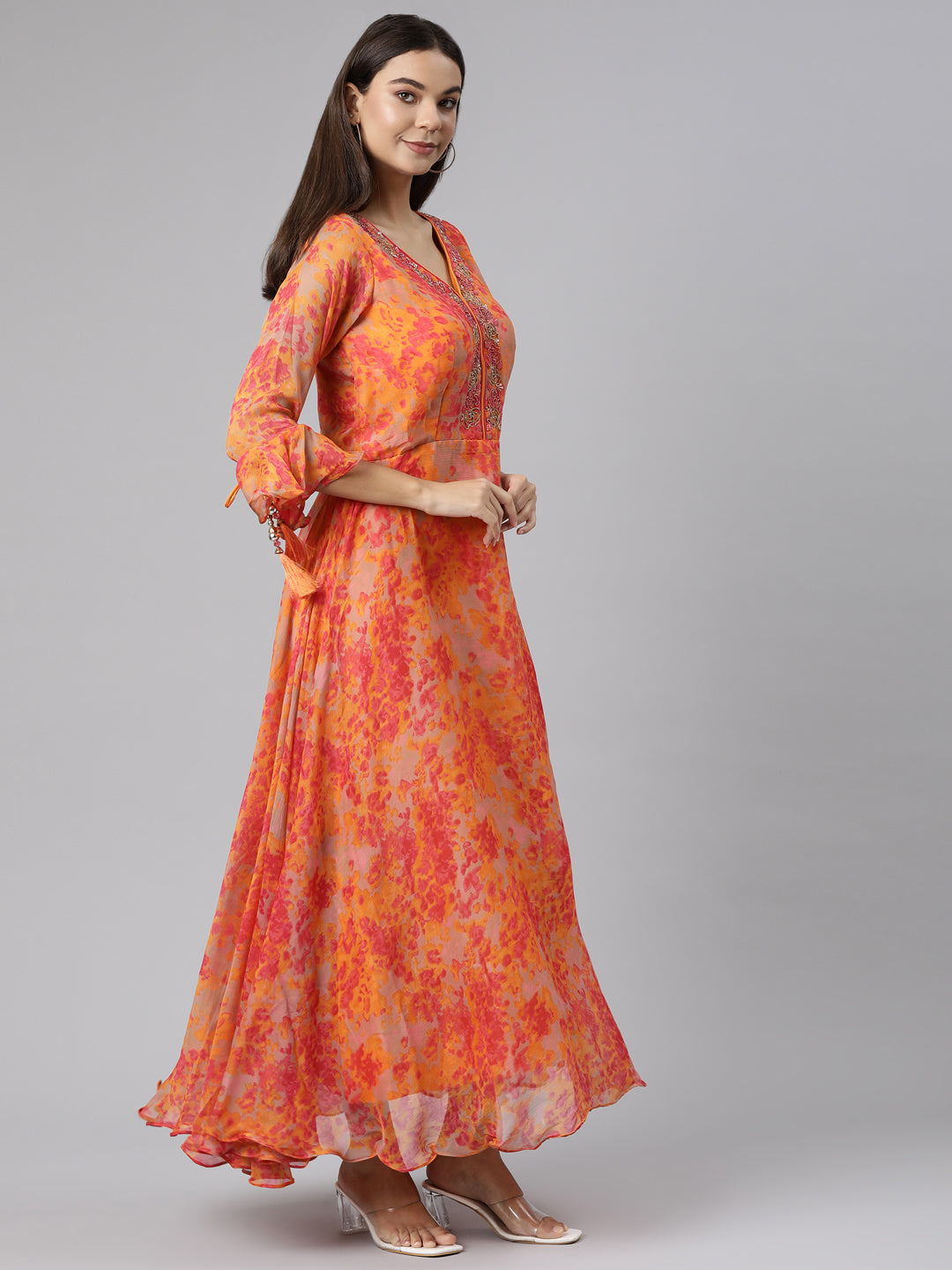Neerus Orange Straight Casual Floral Dresses