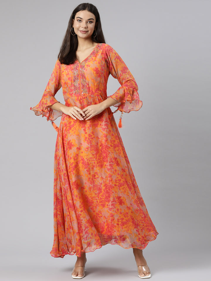 Neerus Orange Straight Casual Floral Dresses