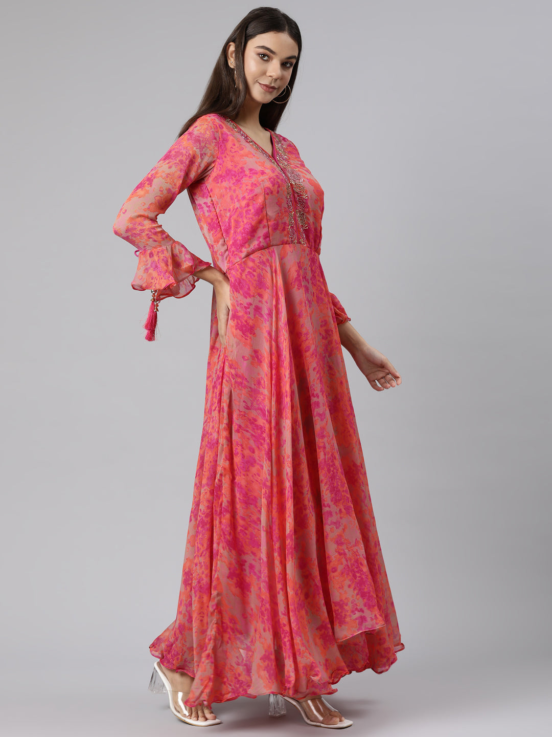 Neerus Pink Straight Casual Floral Dresses