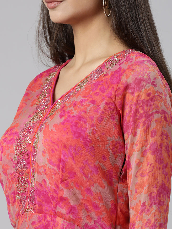 Neerus Pink Straight Casual Floral Dresses