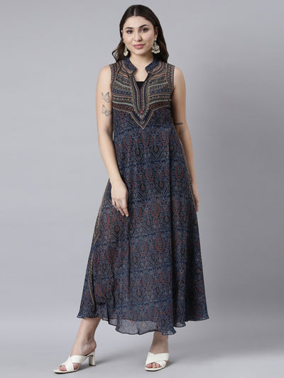 Neerus Navy Blue High-Low Casual Floral A-Line Dresses