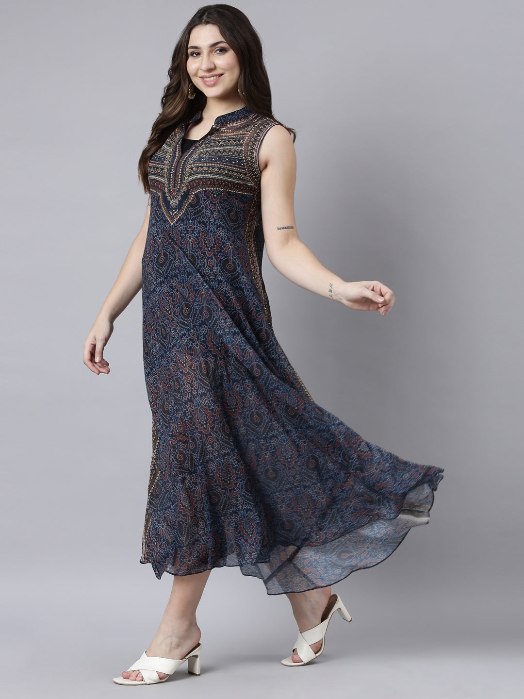 Neerus Navy Blue High-Low Casual Floral A-Line Dresses